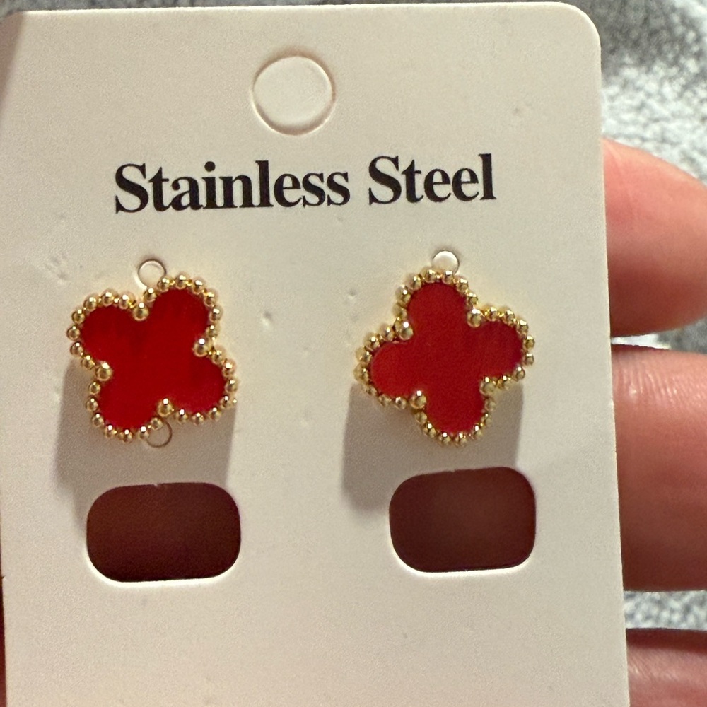 Gold and Red Stainless Steel Clover Earrings